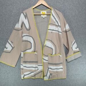 Kerri Rosenthal LOVE Cotton Cardigan XS Sand Neon Yellow Blanket Stitch Oversize